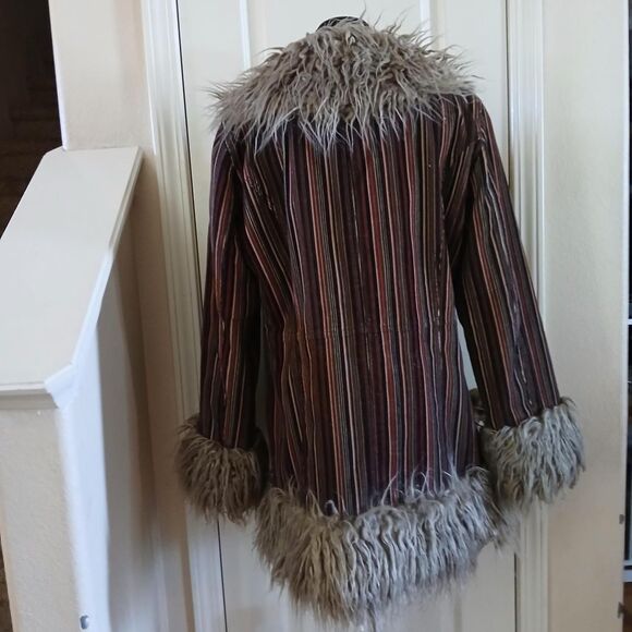 Y2K 90s Vintage Taunt Penny Lane Striped Corduroy Coat Shaggy Faux Fur Trim L - Picture 4 of 8